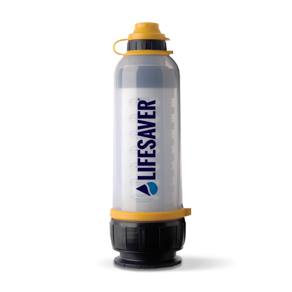 LifeSaver Bottle with a translucent grey body, vertical LifeSaver branding, yellow nozzle cap and black hand-pump base.